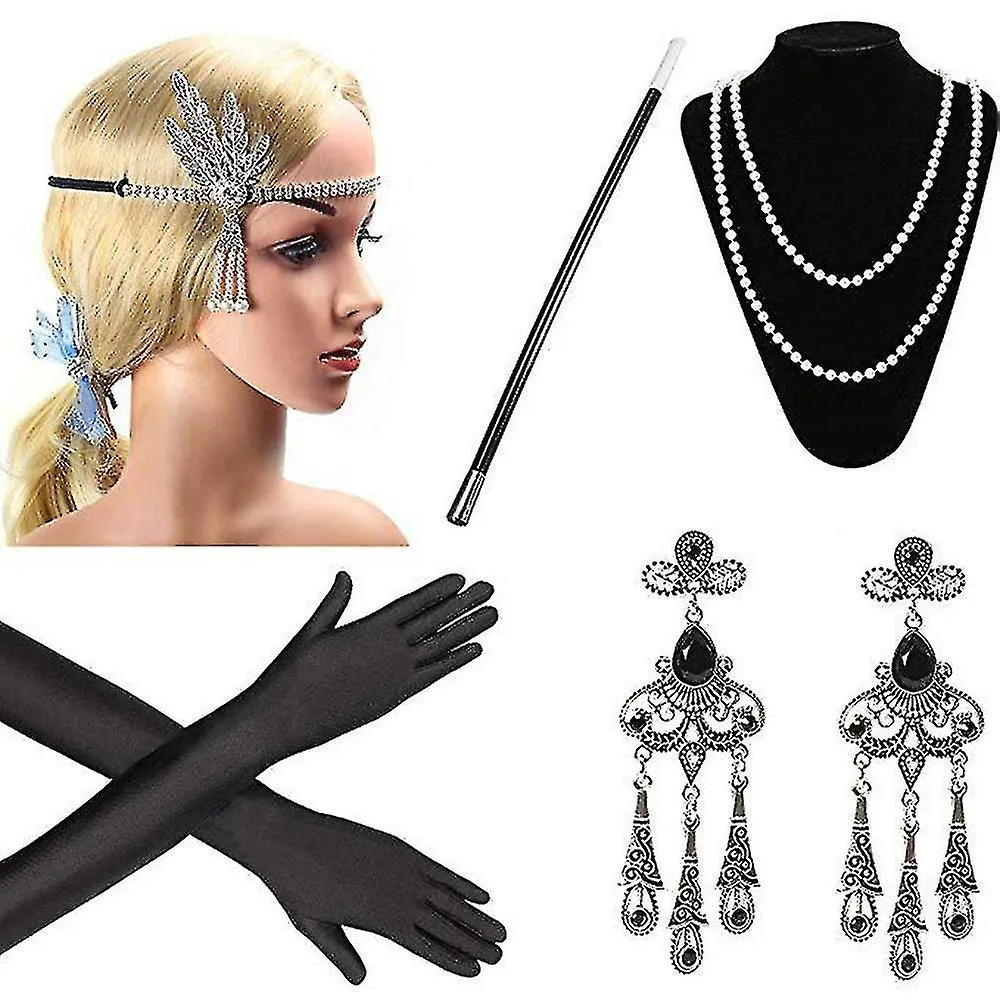 1920s Accesorios Set Flapper Diadema, pendientes, collar de perlas, guantes