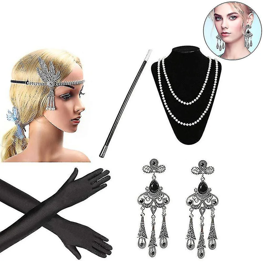 1920s Accesorios Set Flapper Diadema, pendientes, collar de perlas, guantes