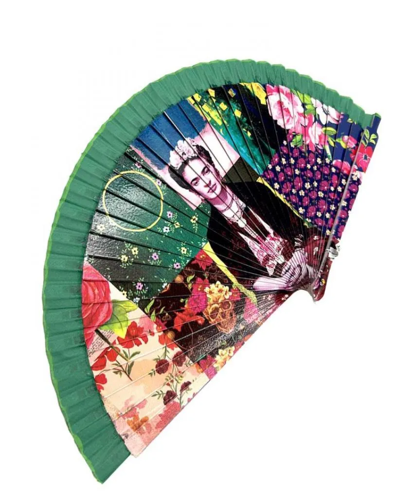 ABANICOS VERDES MUY BONITOS CON FRIDA CON TOCADO FLORES
