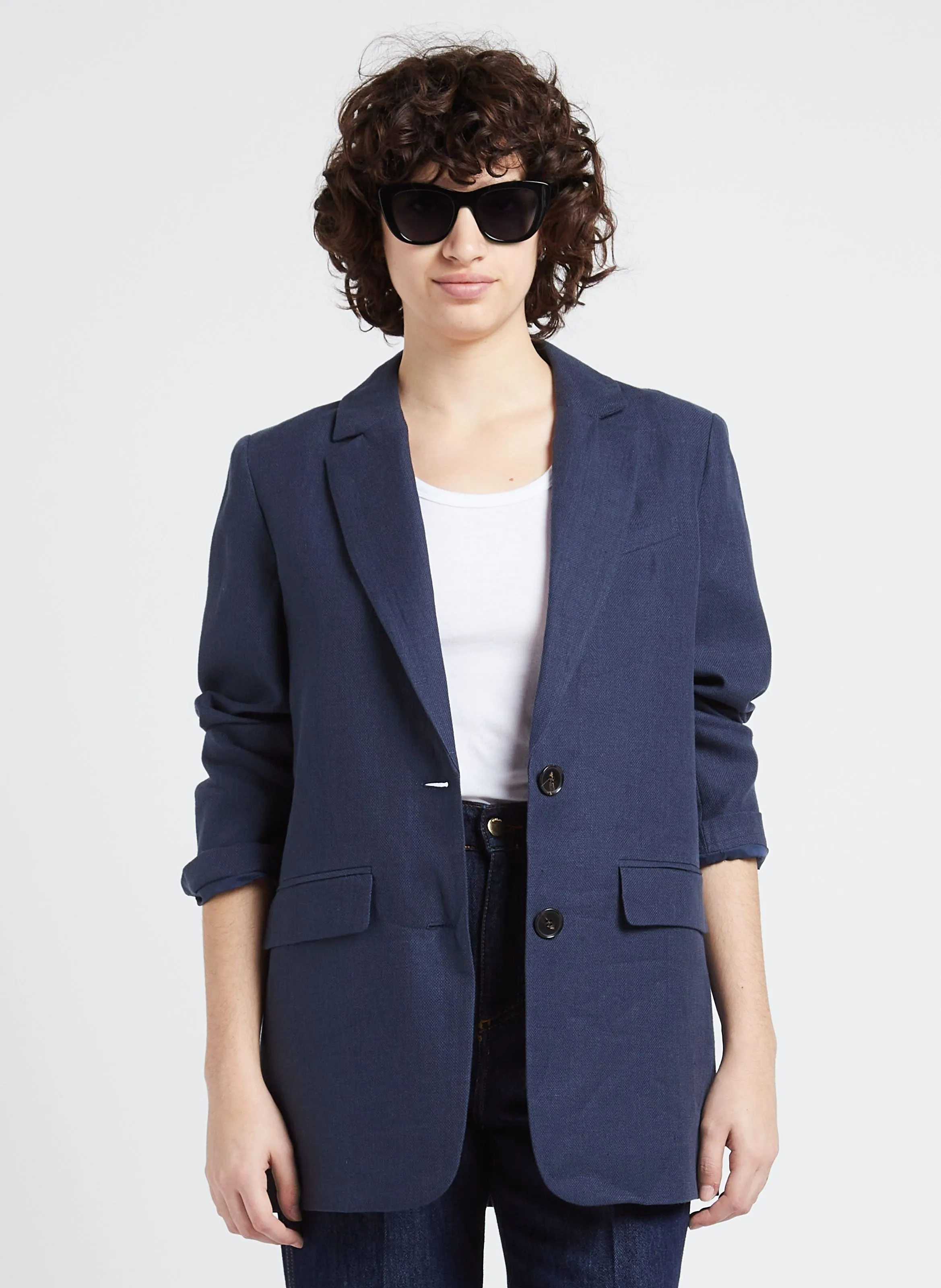 BLISS  CHAQUETA DE LINO CON CUELLO SASTRE EN AZUL