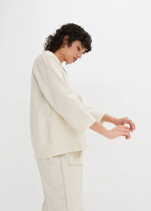 Blusa con cuello de solapa con lino gris guijarro