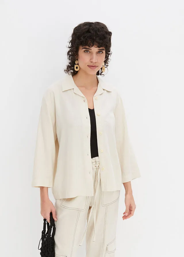 Blusa con cuello de solapa con lino gris guijarro