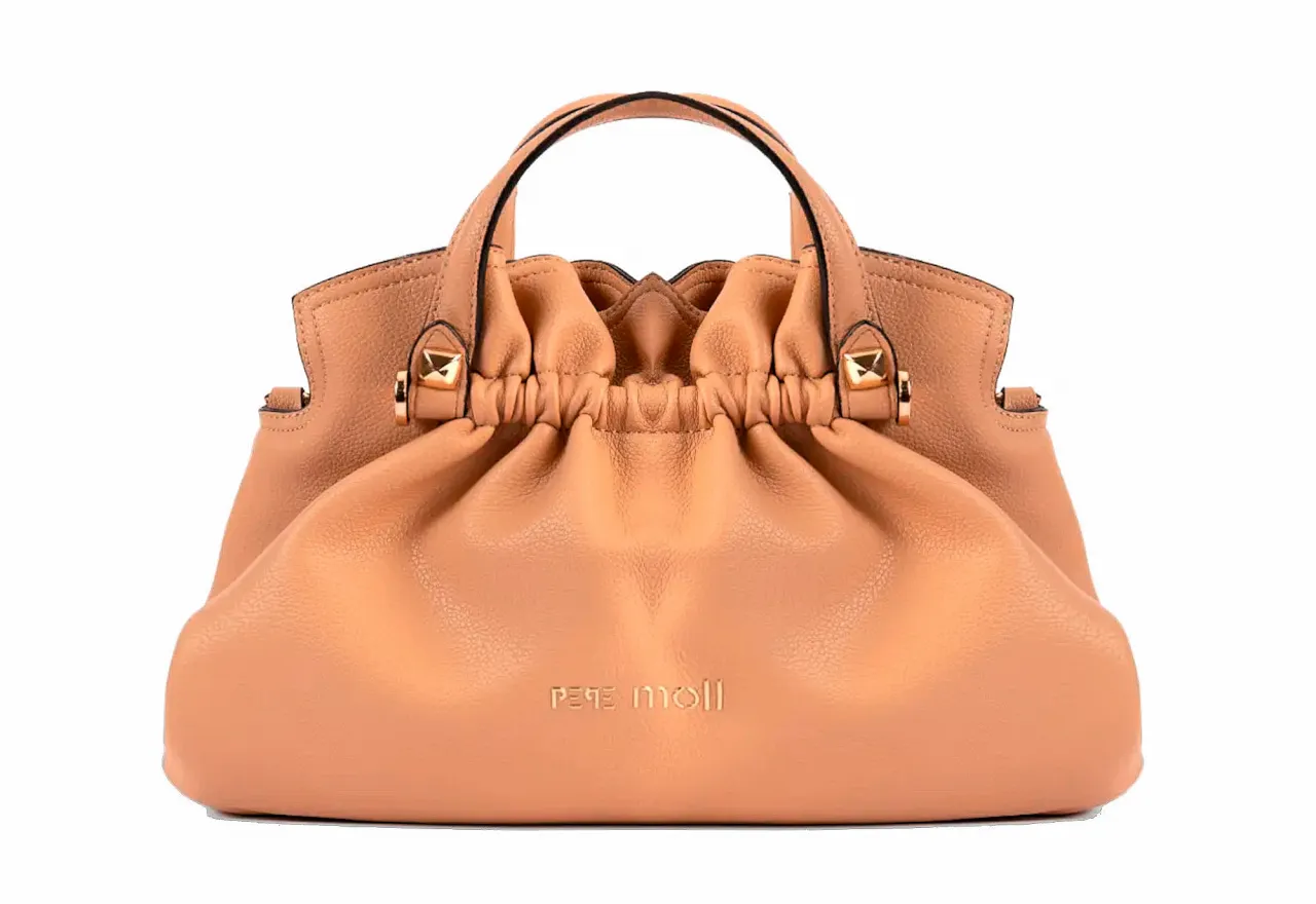 Bolso Mano Cuero Fruncidos 3 Compartimentos Asa Bandolera