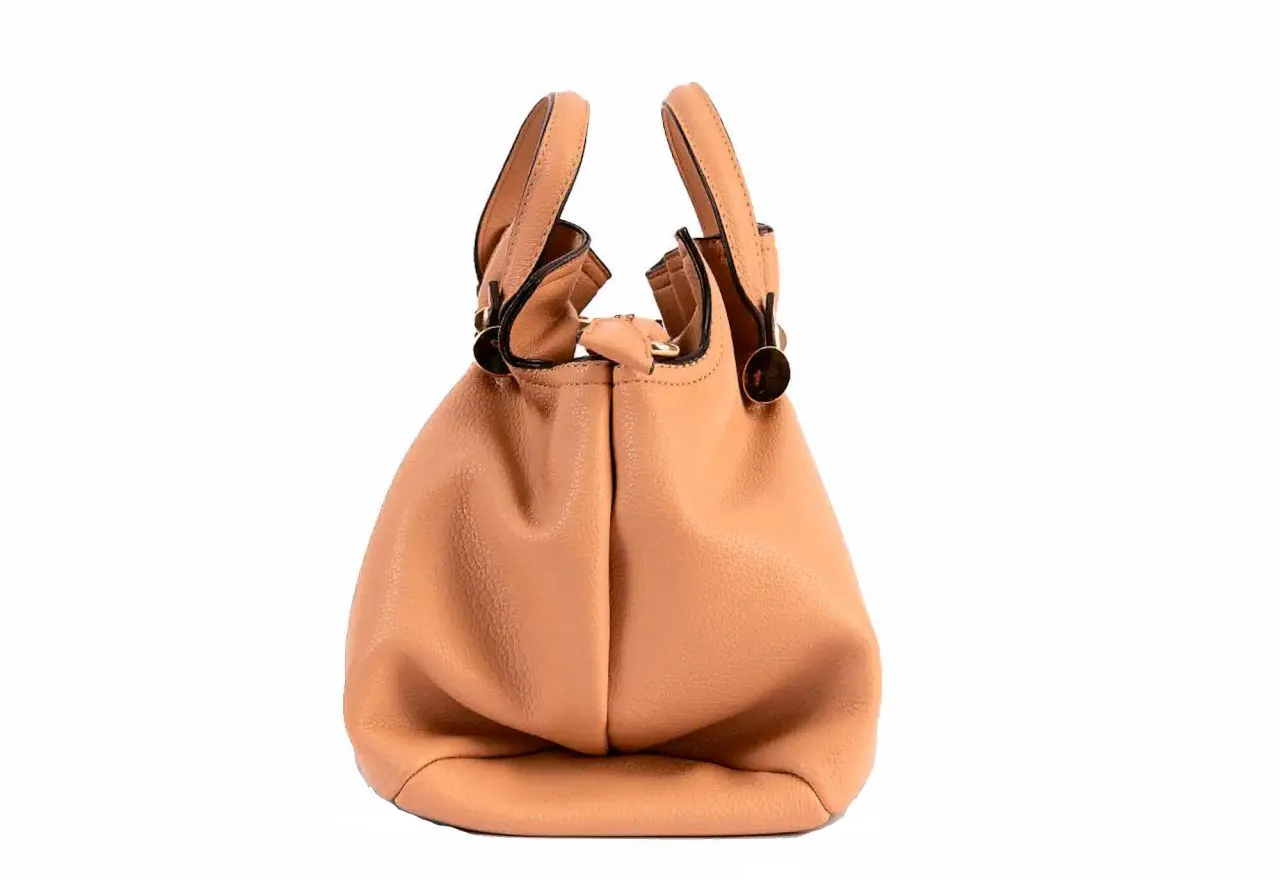 Bolso Mano Cuero Fruncidos 3 Compartimentos Asa Bandolera