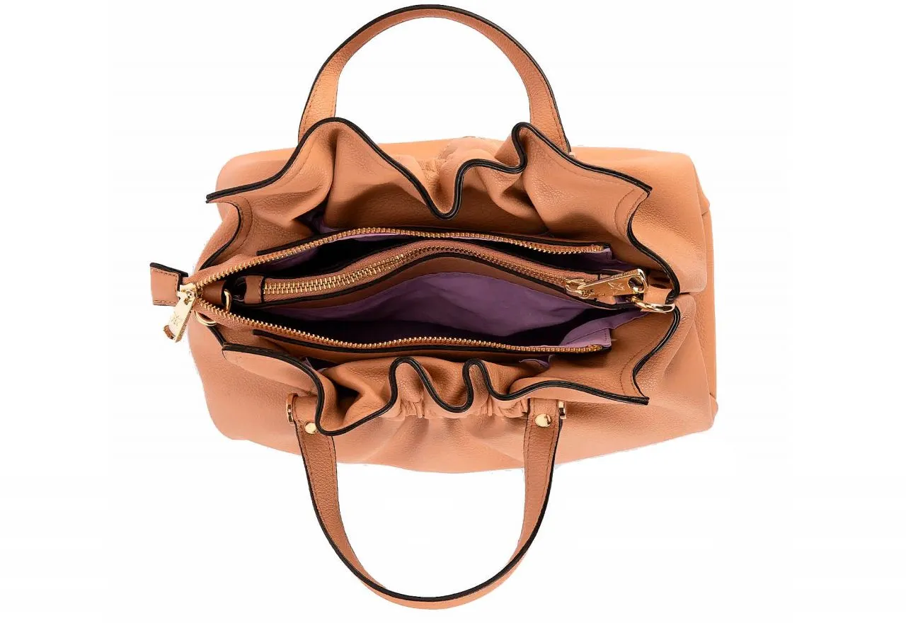 Bolso Mano Cuero Fruncidos 3 Compartimentos Asa Bandolera