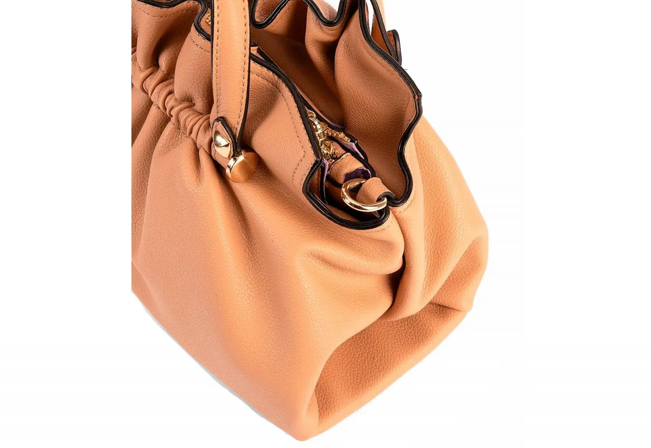 Bolso Mano Cuero Fruncidos 3 Compartimentos Asa Bandolera