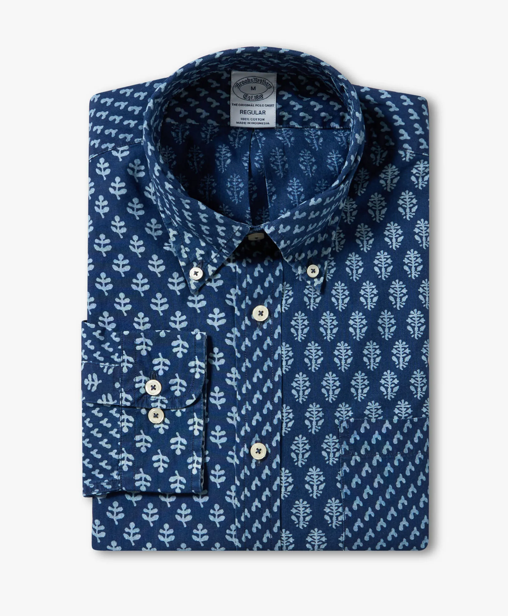 Camisa informal para hombre índigo en popelina de algodón estampada con cuello button down