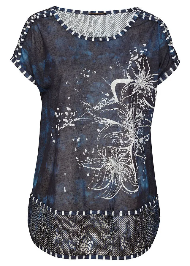 CAMISETA CON EFECTO BATIK Y PEDRERíA AZULBLANCO LANA ESTAMPADO