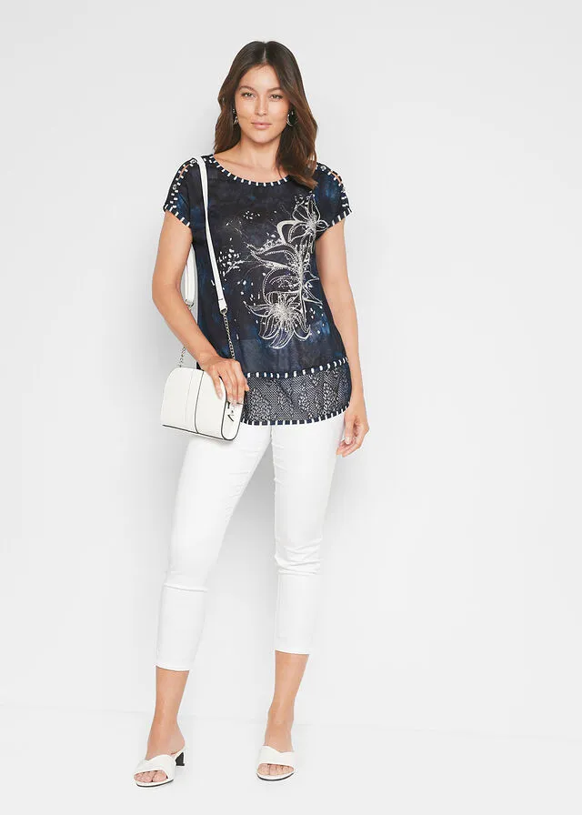 CAMISETA CON EFECTO BATIK Y PEDRERíA AZULBLANCO LANA ESTAMPADO