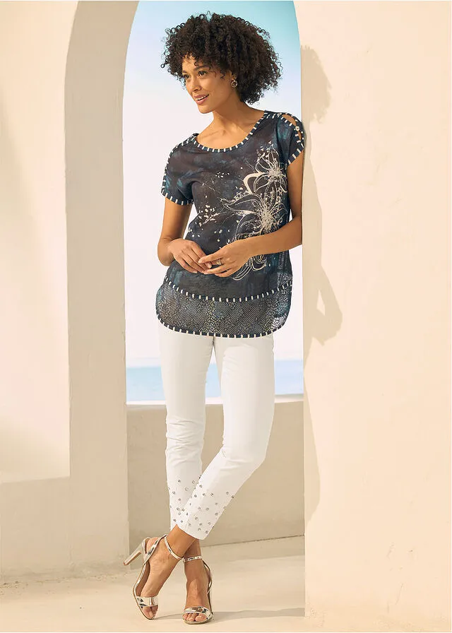 CAMISETA CON EFECTO BATIK Y PEDRERíA AZULBLANCO LANA ESTAMPADO