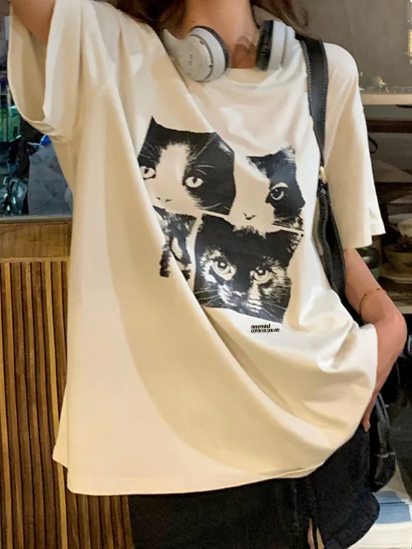 Camiseta de manga corta extragrande con estampado de gato