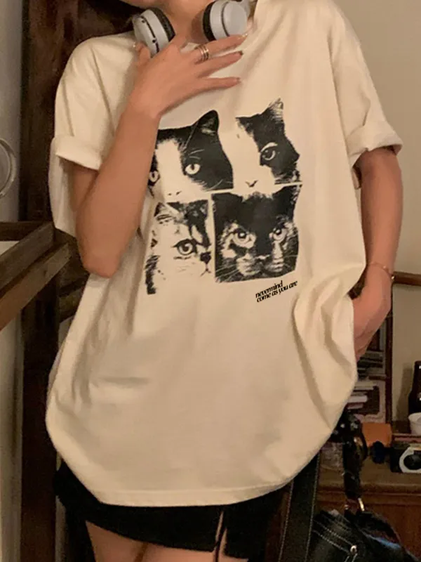 Camiseta de manga corta extragrande con estampado de gato