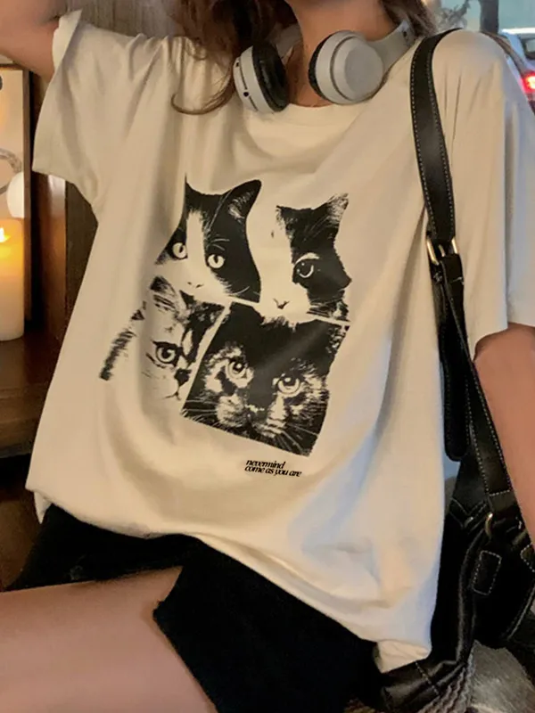 Camiseta de manga corta extragrande con estampado de gato