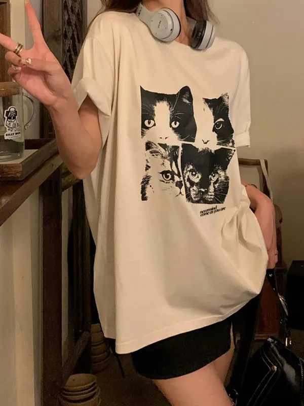 Camiseta de manga corta extragrande con estampado de gato