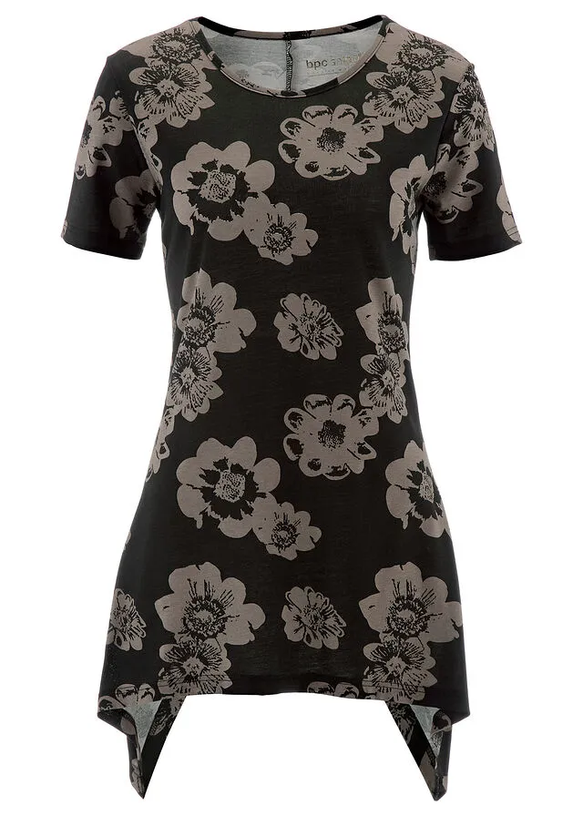 Camiseta larga con borde irregular Negro/gris oscuro con flores