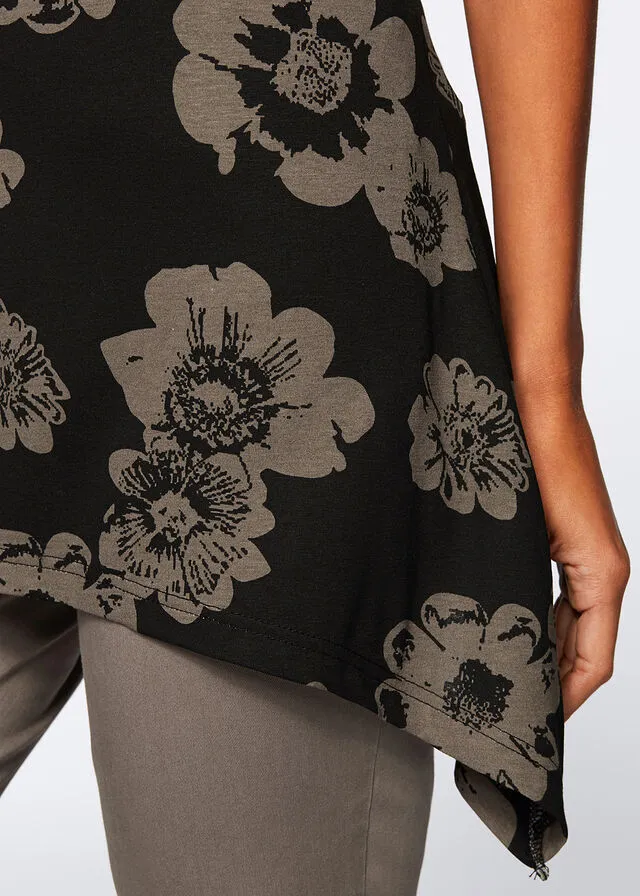 Camiseta larga con borde irregular Negro/gris oscuro con flores