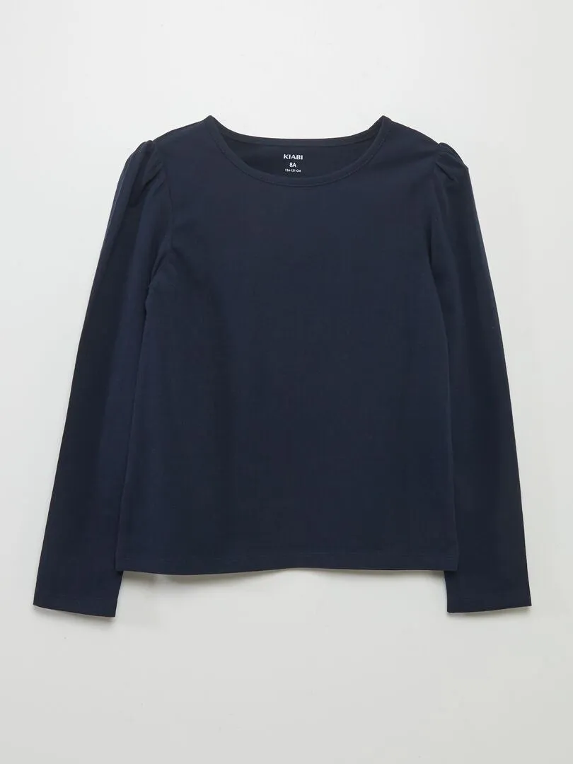 CAMISETA LISA CON HOMBROS FRUNCIDOS  AZUL