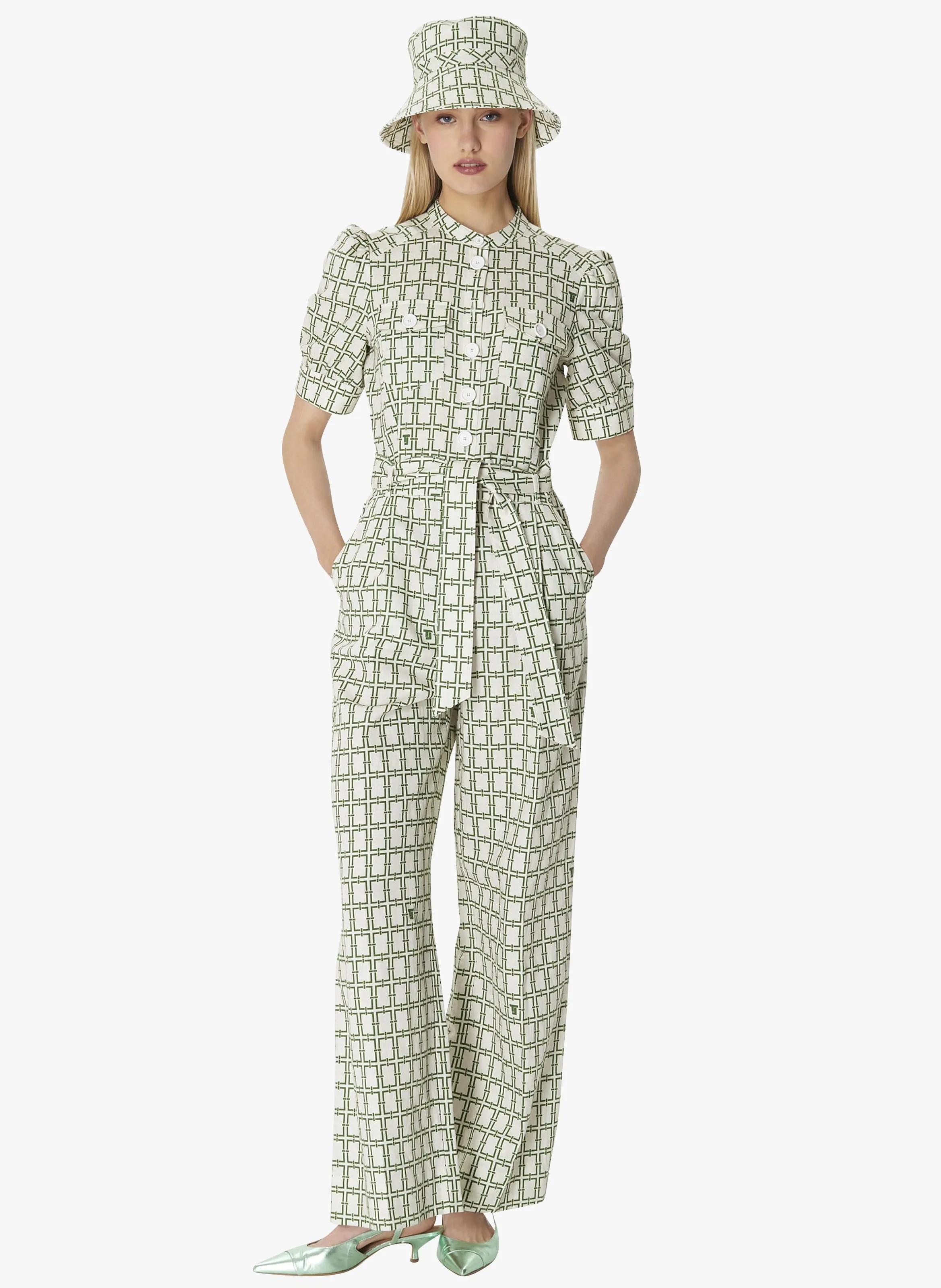 CARINA  MONO DE LINO Y ALGODóN ESTAMPADO CON CUELLO CLáSICO EN BLANCO