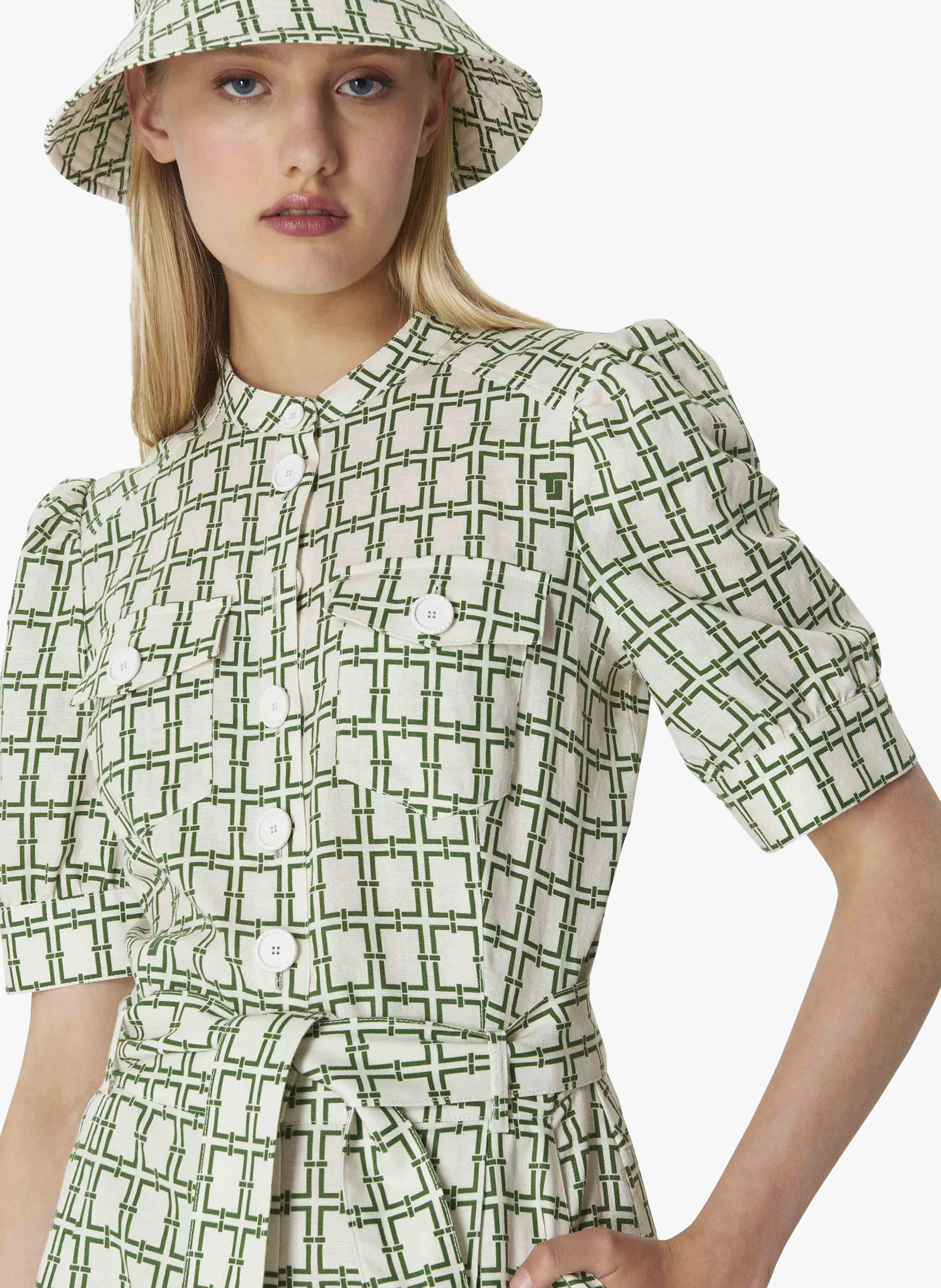 CARINA  MONO DE LINO Y ALGODóN ESTAMPADO CON CUELLO CLáSICO EN BLANCO