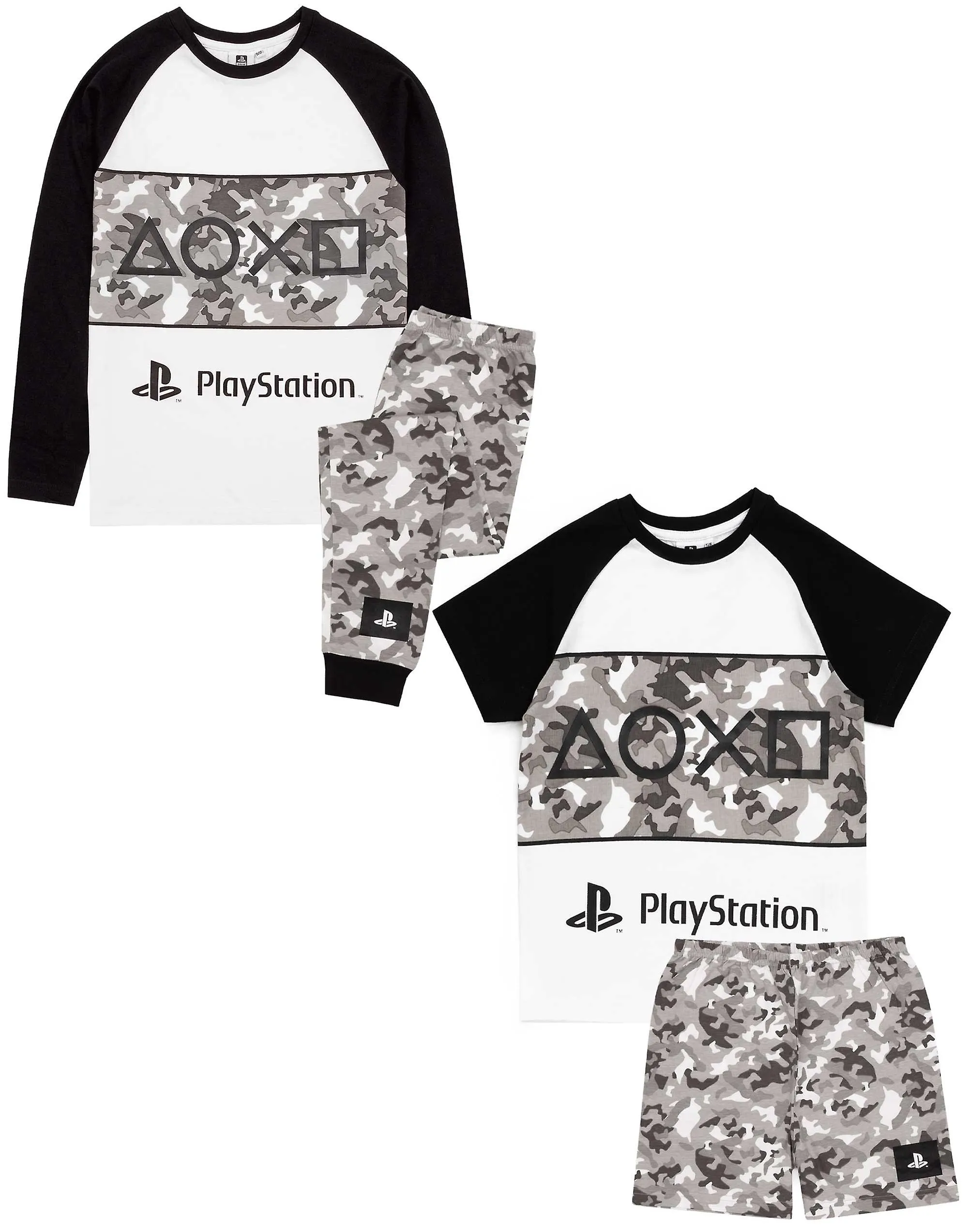 Conjunto de pijama de manga corta y pierna corta para niños PlayStation Boys Estampado de logotipo de camuflaje gris