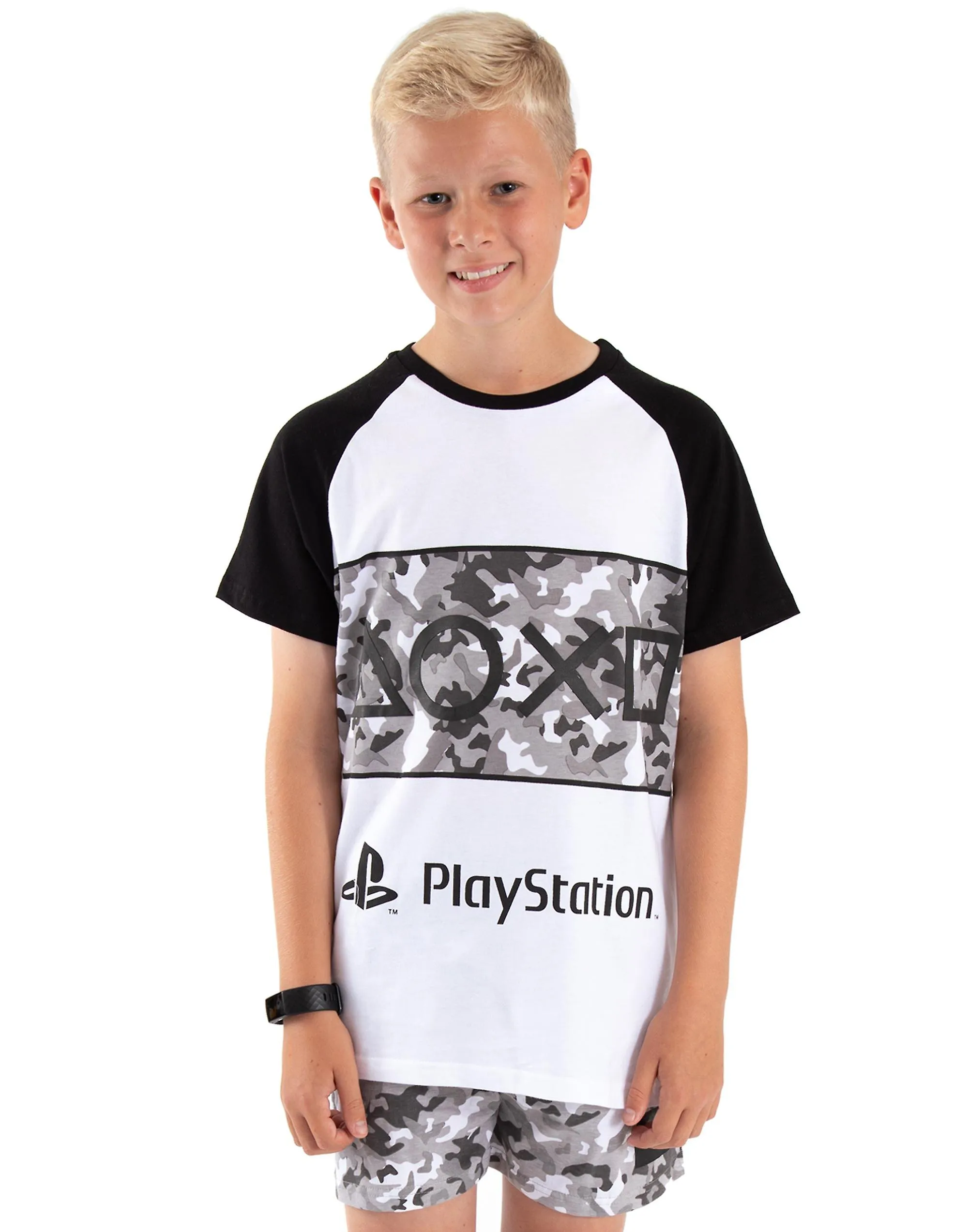 Conjunto de pijama de manga corta y pierna corta para niños PlayStation Boys Estampado de logotipo de camuflaje gris