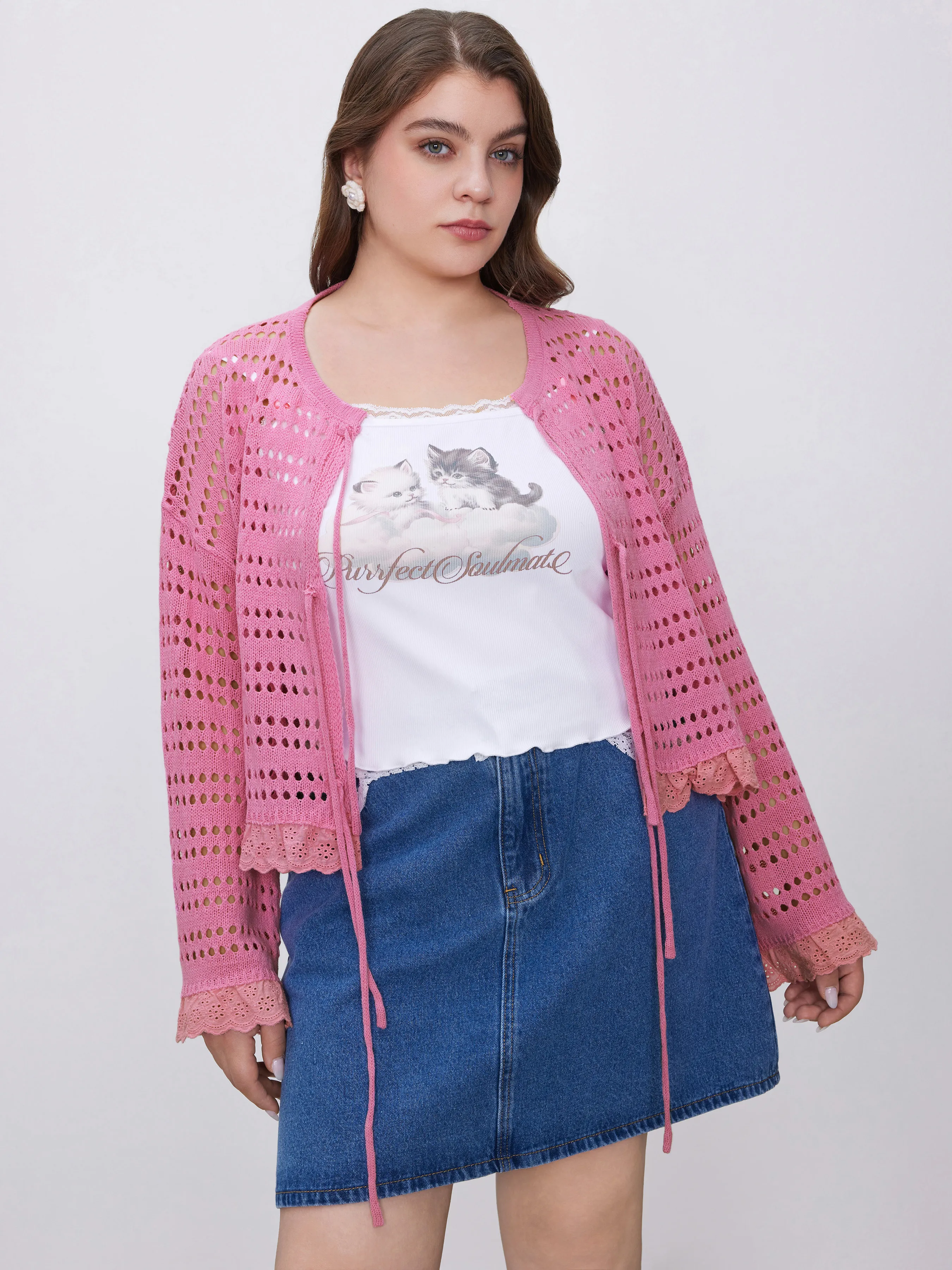  Cárdigan con cuello en V y cordones con huecos Curvy