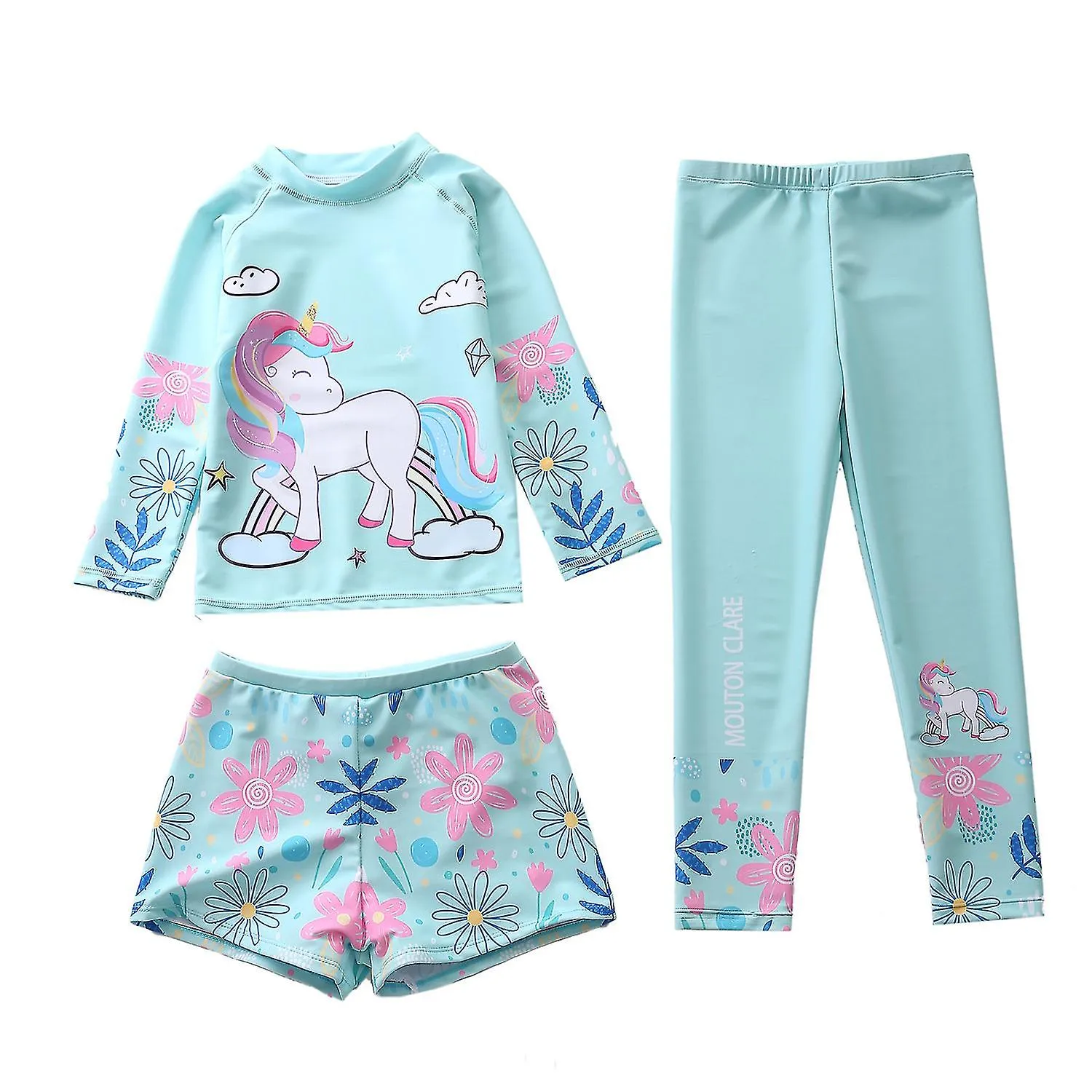 Happyflute Kids Traje de baño lindo impreso niñas traje de baño 3 piezas con manga larga protección solar para niños tela de pla