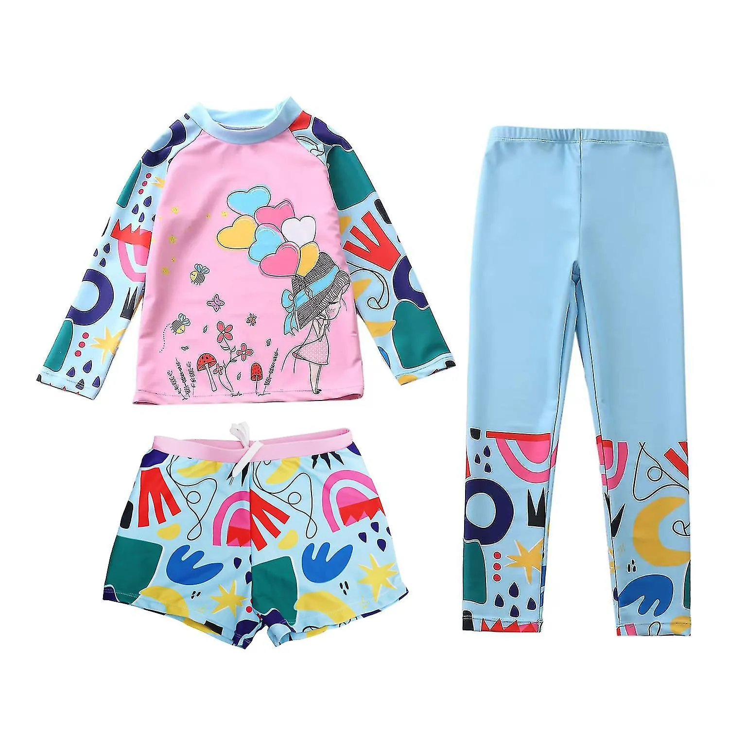 Happyflute Kids Traje de baño lindo impreso niñas traje de baño 3 piezas con manga larga protección solar para niños tela de pla