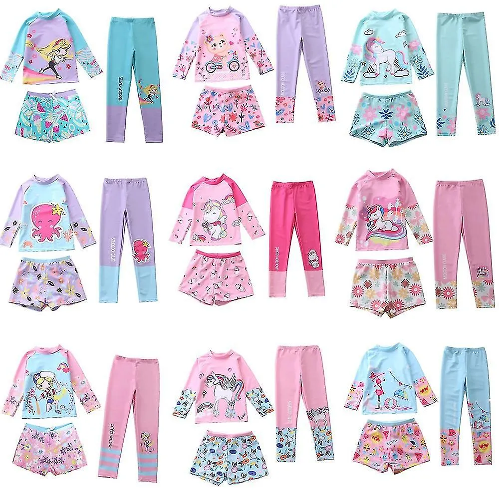 Happyflute Kids Traje de baño lindo impreso niñas traje de baño 3 piezas con manga larga protección solar para niños tela de pla