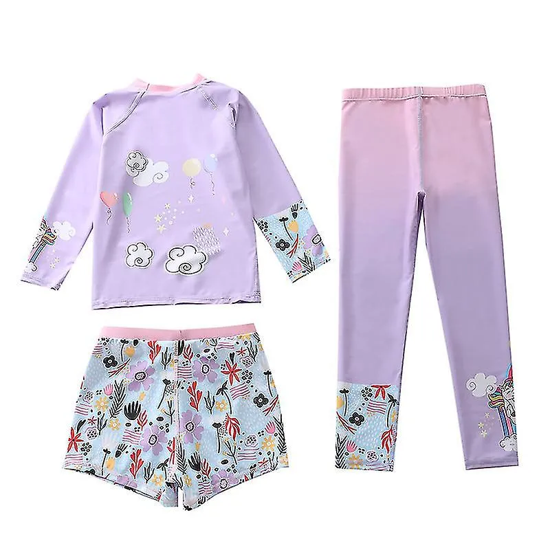 Happyflute Kids Traje de baño lindo impreso niñas traje de baño 3 piezas con manga larga protección solar para niños tela de pla