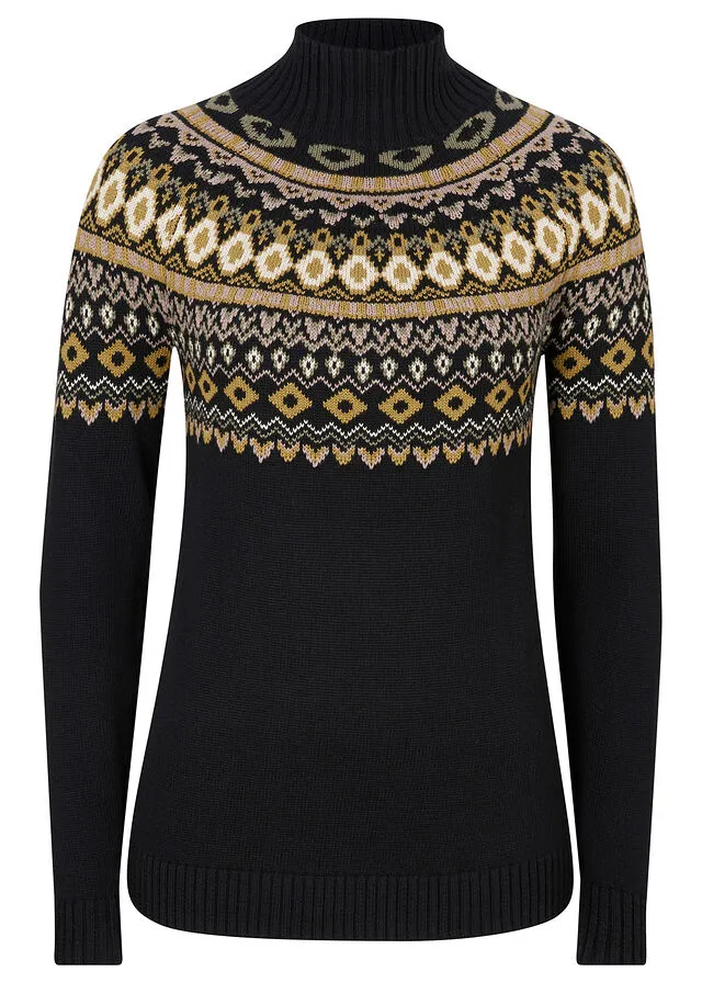 Jersey de cuello alto con patrón nórdico Negro con estampado invernal