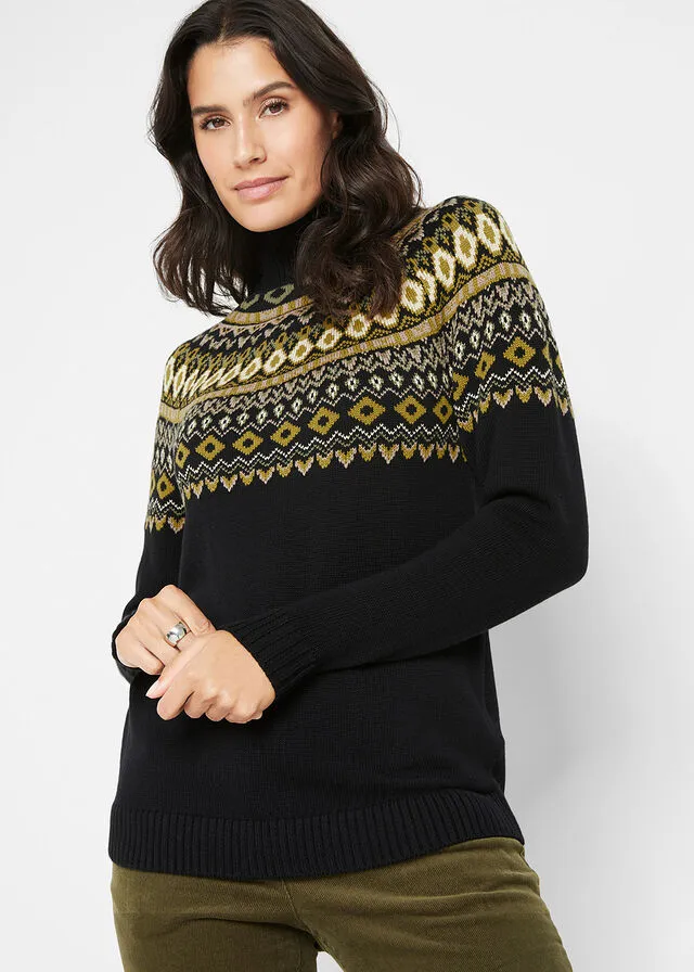 Jersey de cuello alto con patrón nórdico Negro con estampado invernal