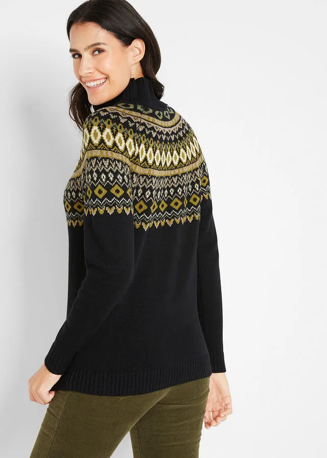 Jersey de cuello alto con patrón nórdico Negro con estampado invernal