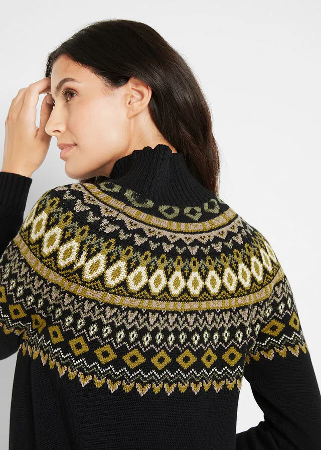 Jersey de cuello alto con patrón nórdico Negro con estampado invernal