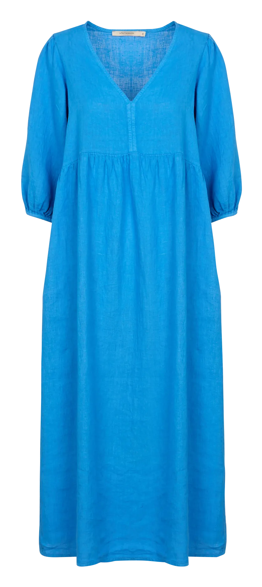 LA FEE MARABOUTEE Vestido largo y holgado de lino con cuello de pico en azul