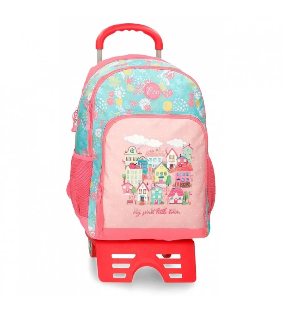 Mochila Escolar Roll Road My little Town Dos Compartimentos con carro rosa