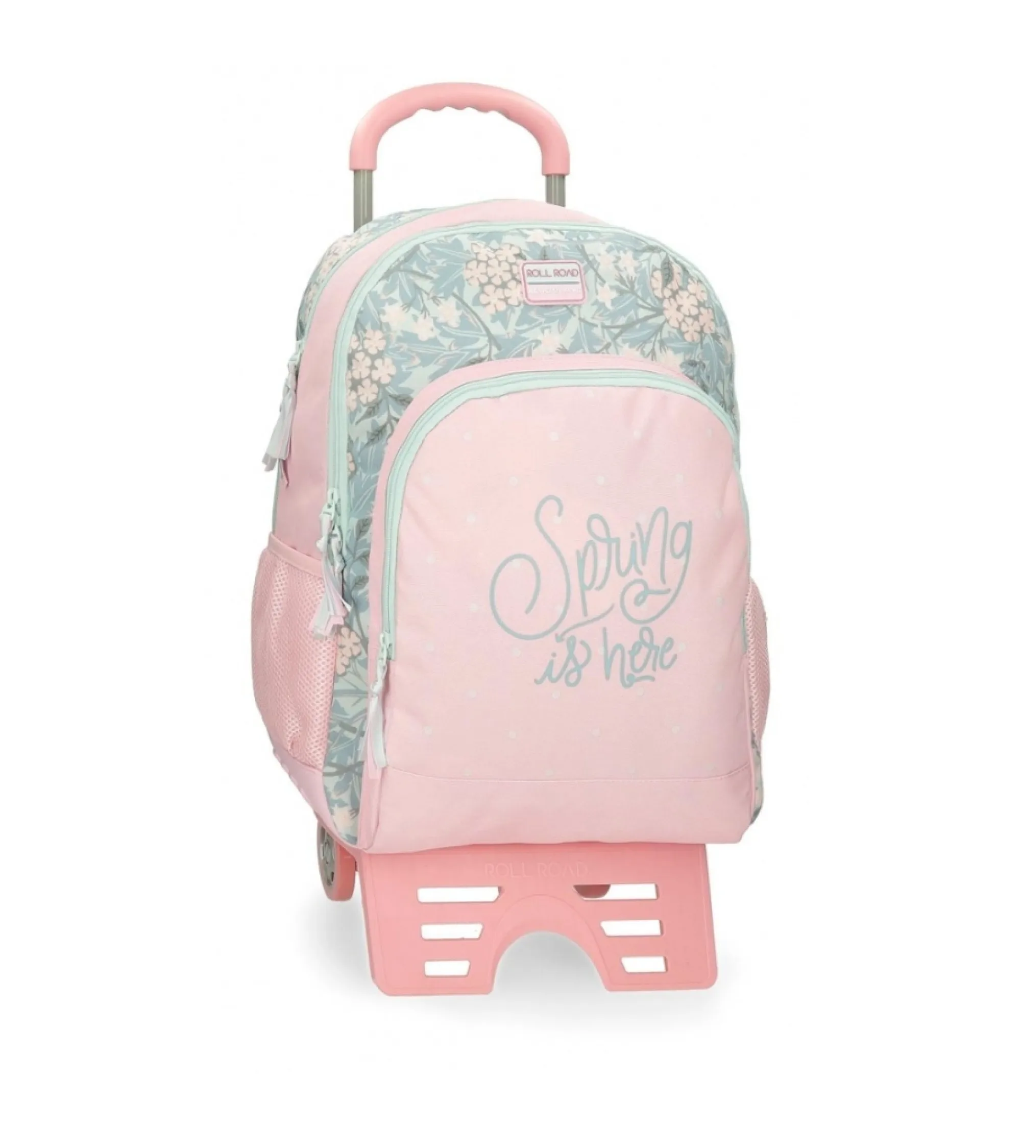 Mochila escolar Roll Road Spring is here dos compartimentos con carro rosa