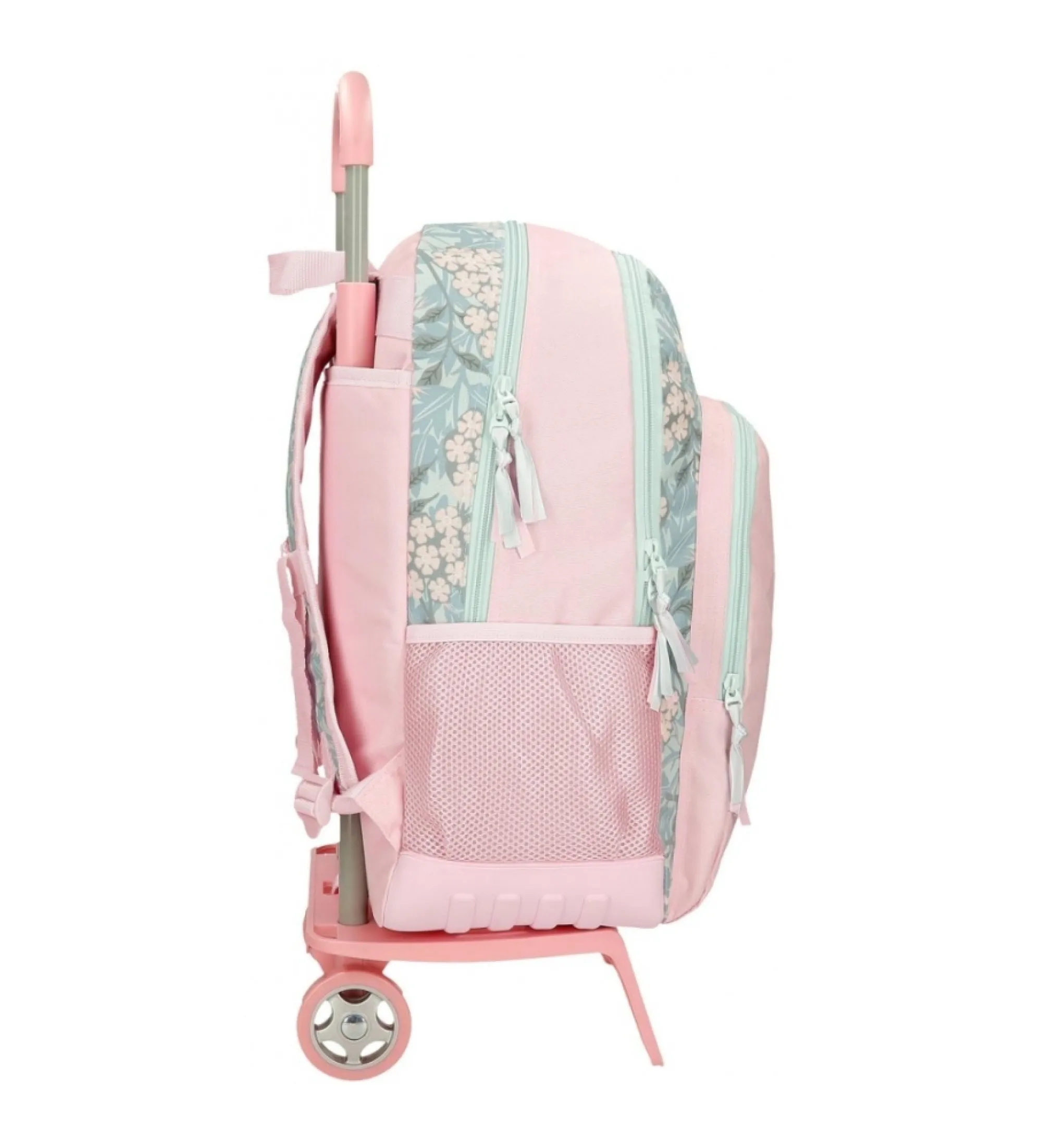 Mochila escolar Roll Road Spring is here dos compartimentos con carro rosa