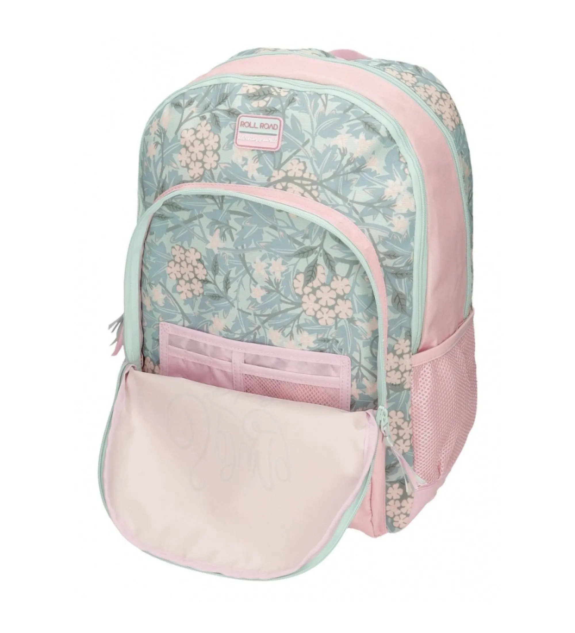 Mochila escolar Roll Road Spring is here dos compartimentos con carro rosa