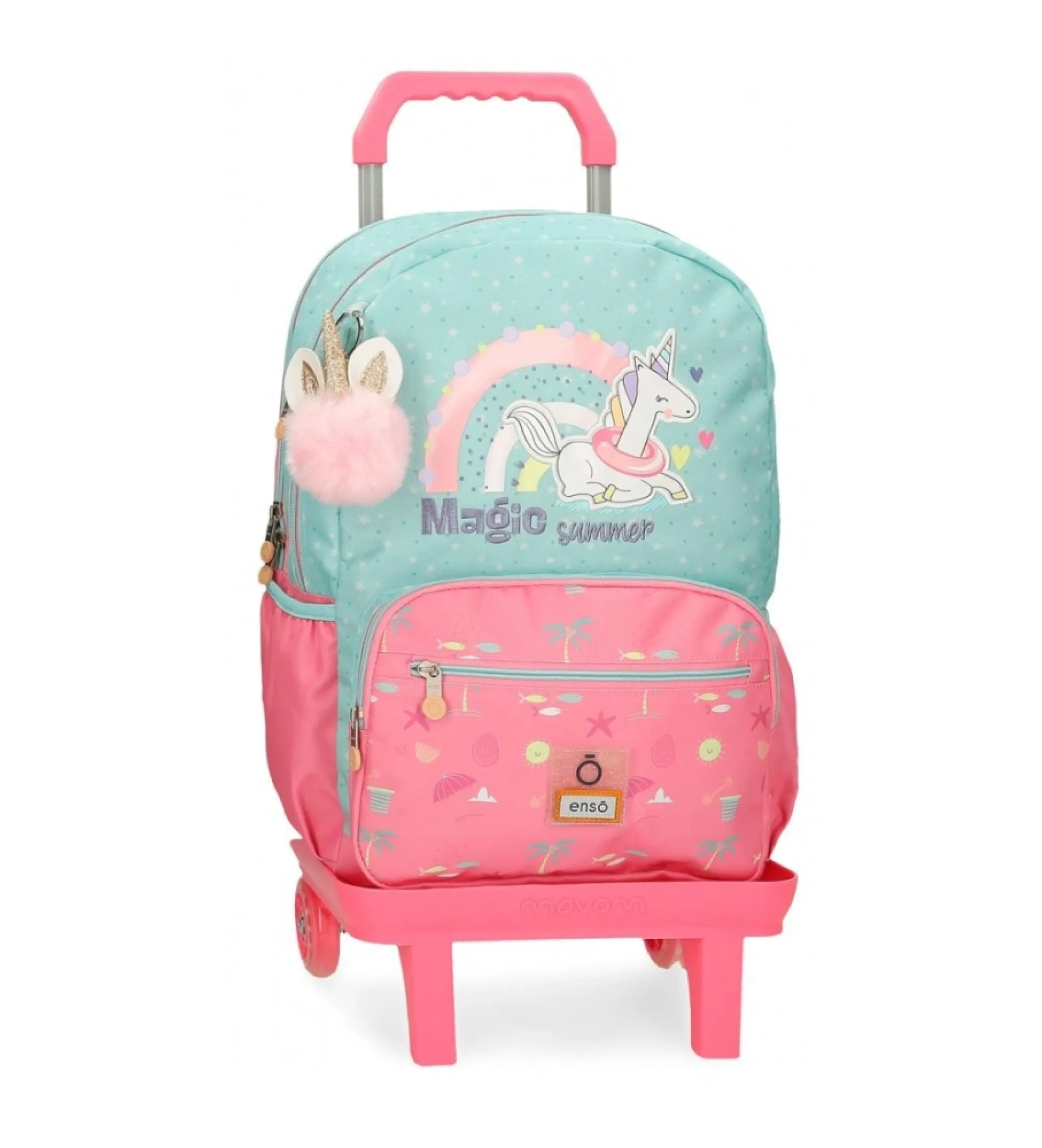 Mochila porta ordenador Magic summer dos compartimentos con carro verde, rosa