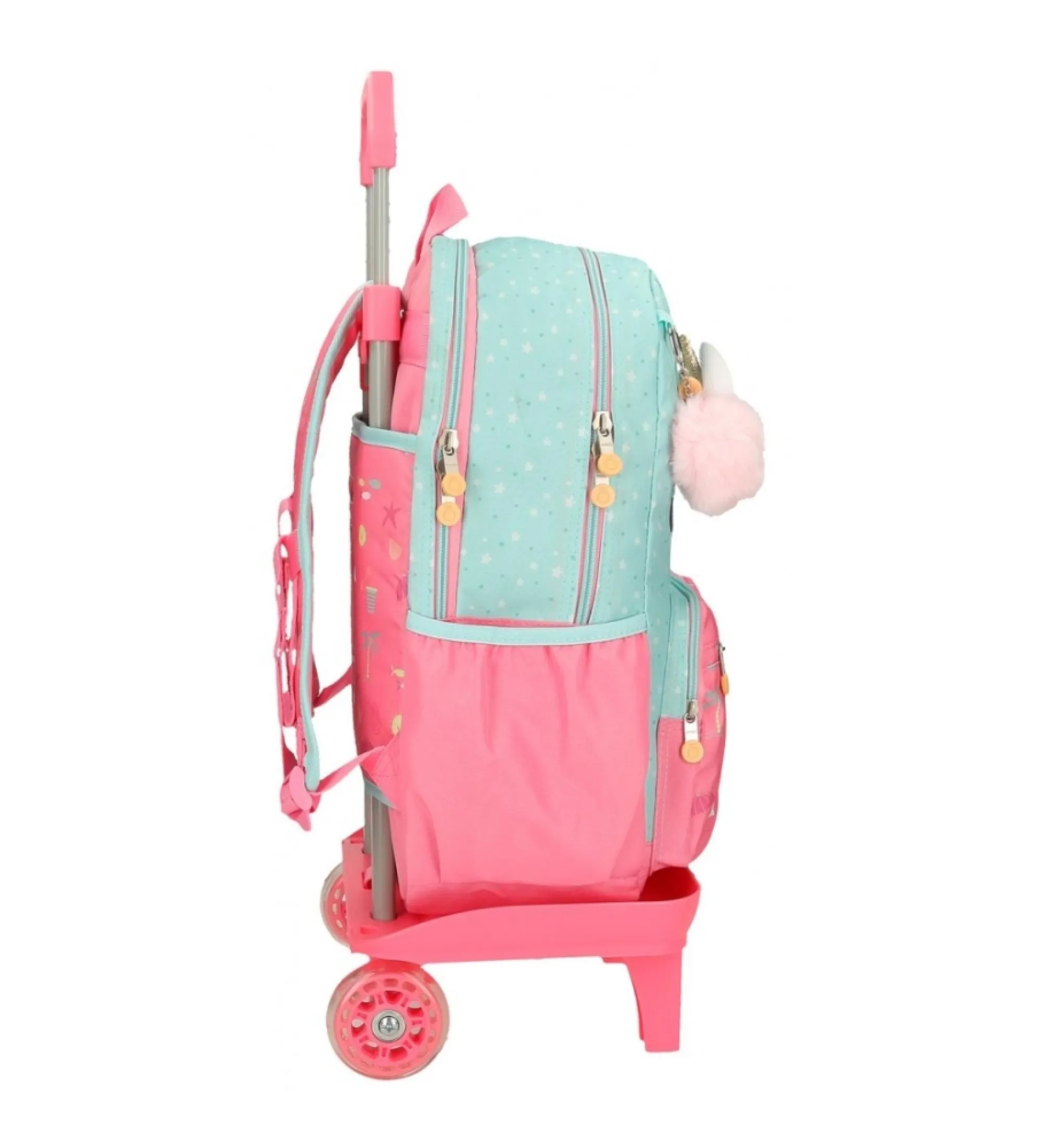 Mochila porta ordenador Magic summer dos compartimentos con carro verde, rosa