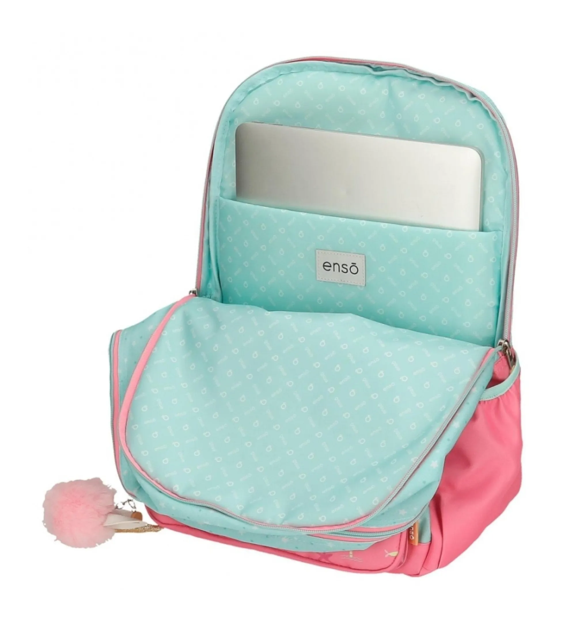 Mochila porta ordenador Magic summer dos compartimentos con carro verde, rosa