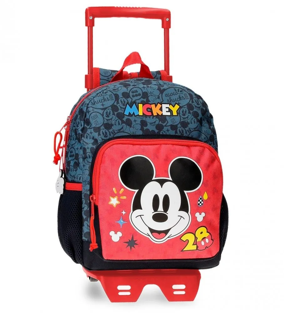 MOCHILA PREESCOLAR MICKEY GET MOVING 28CM CON CARRO ROJO, AZUL 23X28X10CM