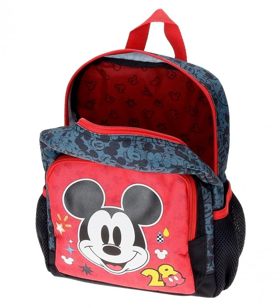 MOCHILA PREESCOLAR MICKEY GET MOVING 28CM CON CARRO ROJO, AZUL 23X28X10CM