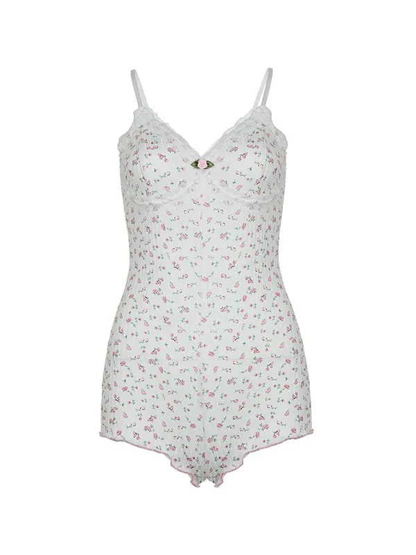 Mono sin mangas con cuello en V y ribete de encaje con estampado floral de florecitas