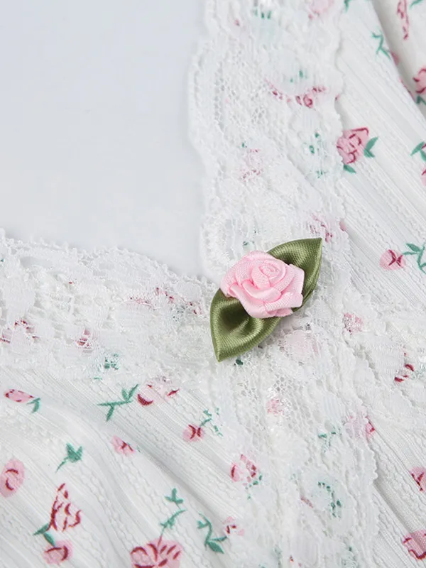 Mono sin mangas con cuello en V y ribete de encaje con estampado floral de florecitas
