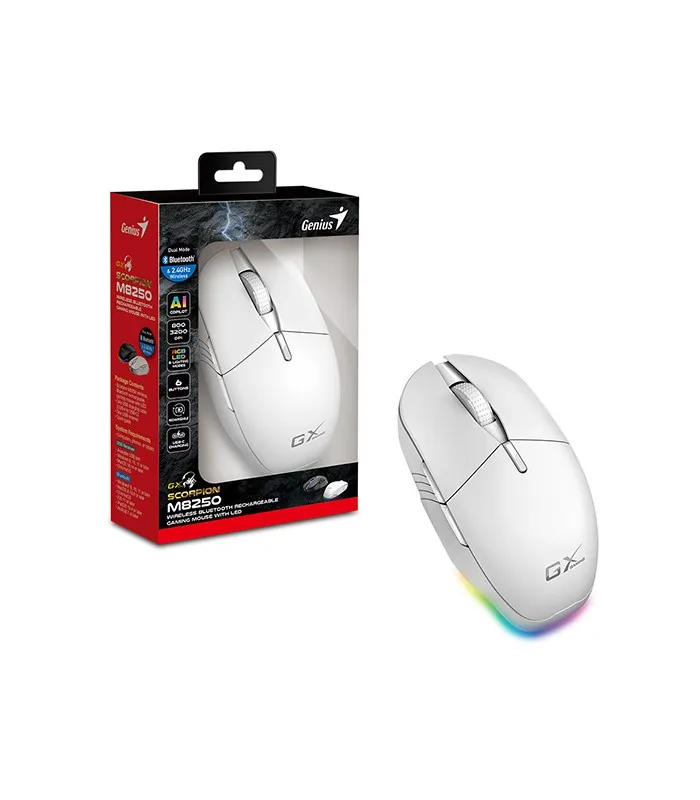 MOUSE GENIUS GX SCORPION M8250 AI DM INALAMBRICO 2.4GHz+BT 5.0 GAMING 3200DPI 6BOTONES RGB RECARGABLE WH BK PC