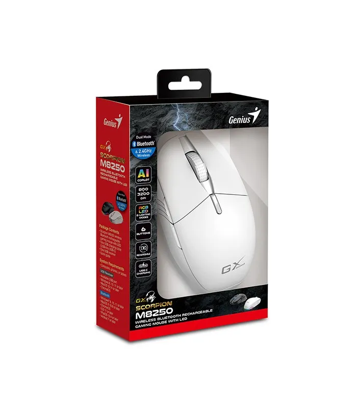MOUSE GENIUS GX SCORPION M8250 AI DM INALAMBRICO 2.4GHz+BT 5.0 GAMING 3200DPI 6BOTONES RGB RECARGABLE WH BK PC