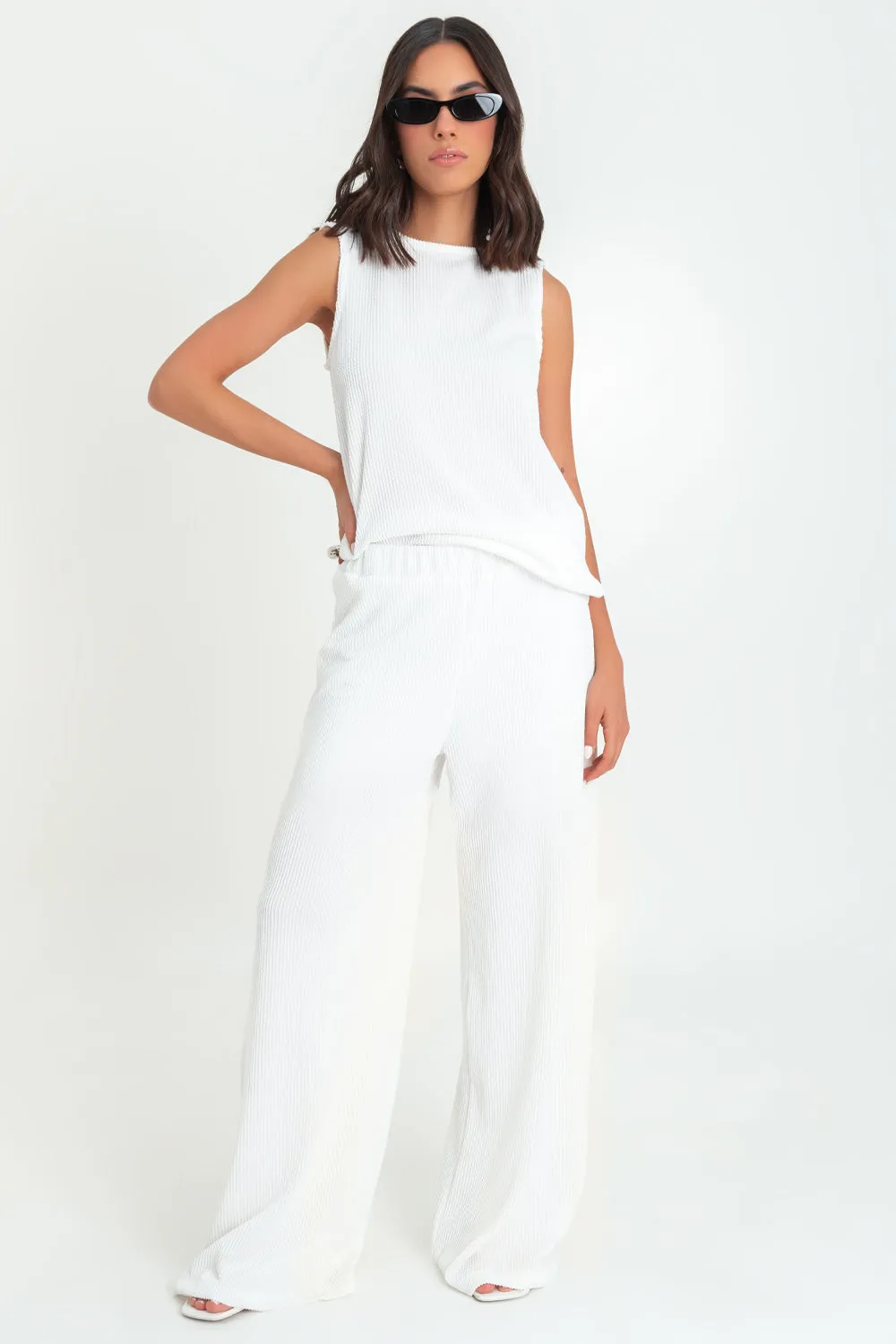 Pantalón canalé de fit wide leg cintura elástica
