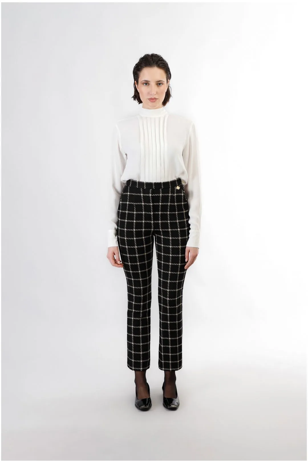 pantalón cropped de campana en tejido jacquard multiblack plaid